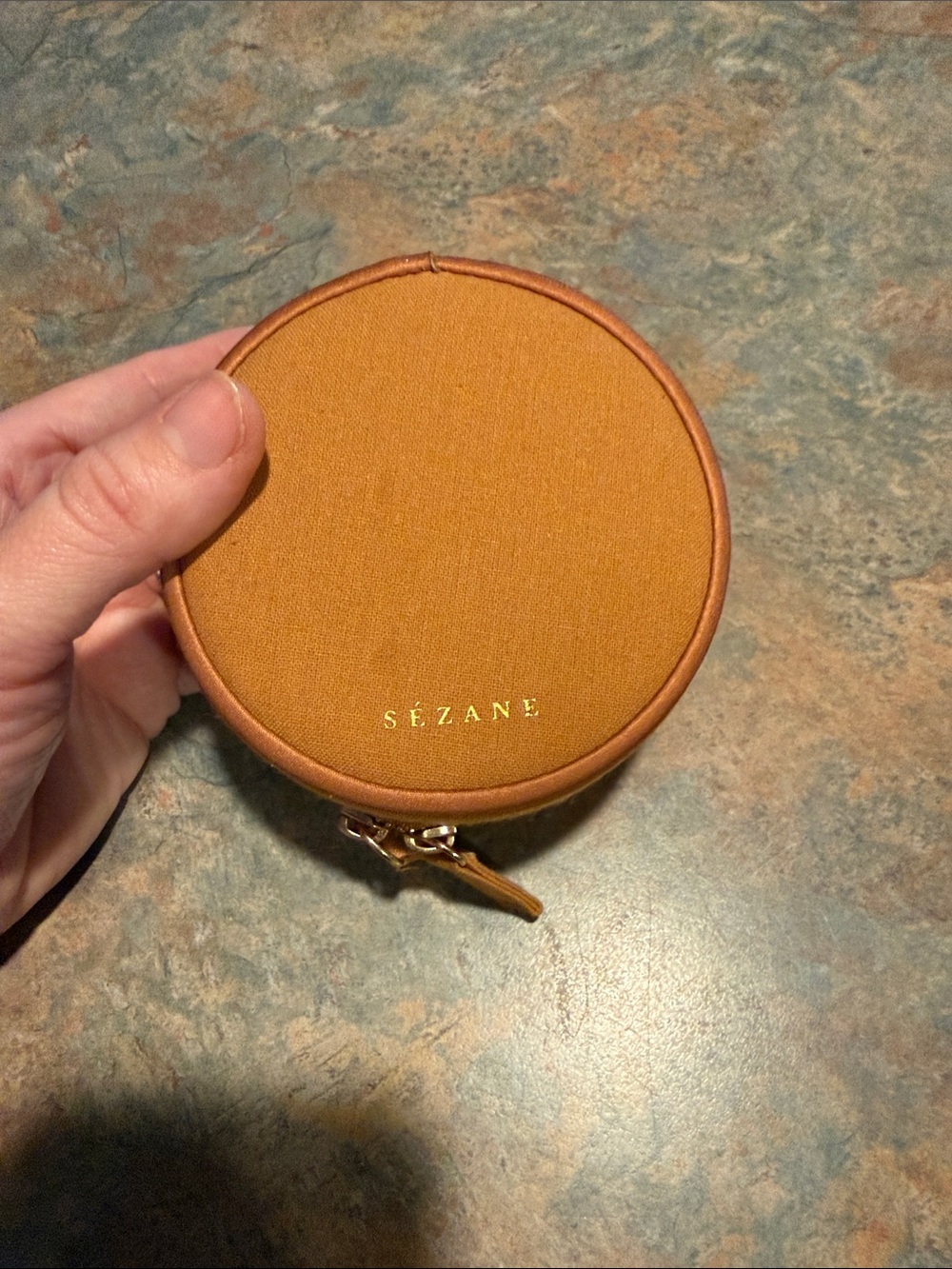 Sézane Round Zip Coin Pouch in Mustard with Tan Trim